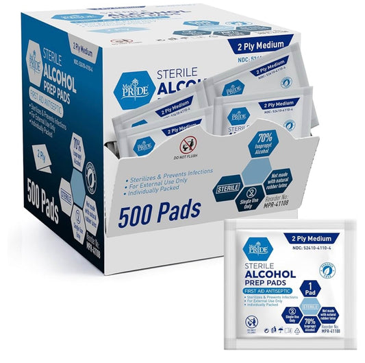 Alcohol Prep Pads, Medical-Grade, Sterile, Individually-Wrapped, Medium Square Size, 2ply (500 Count)