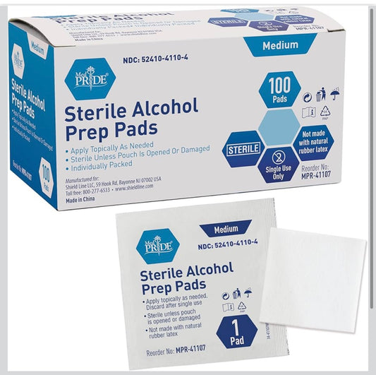Alcohol Prep Pads, Medical-Grade, Sterile, Individually-Wrapped, Medium Square Size, 2ply (100 Count)